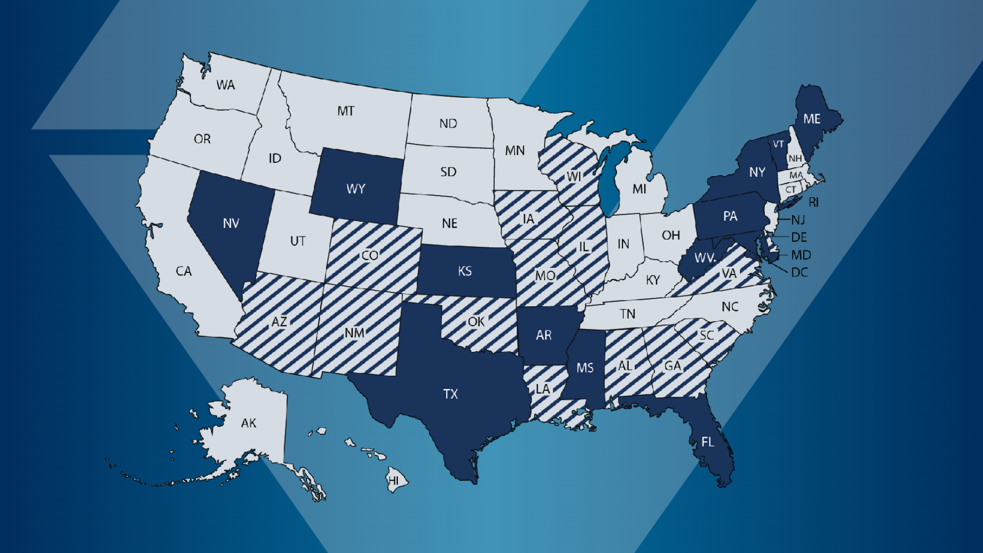 Map of the United States shows how different states and local authorities use different systems to manage elevator inspection processes.