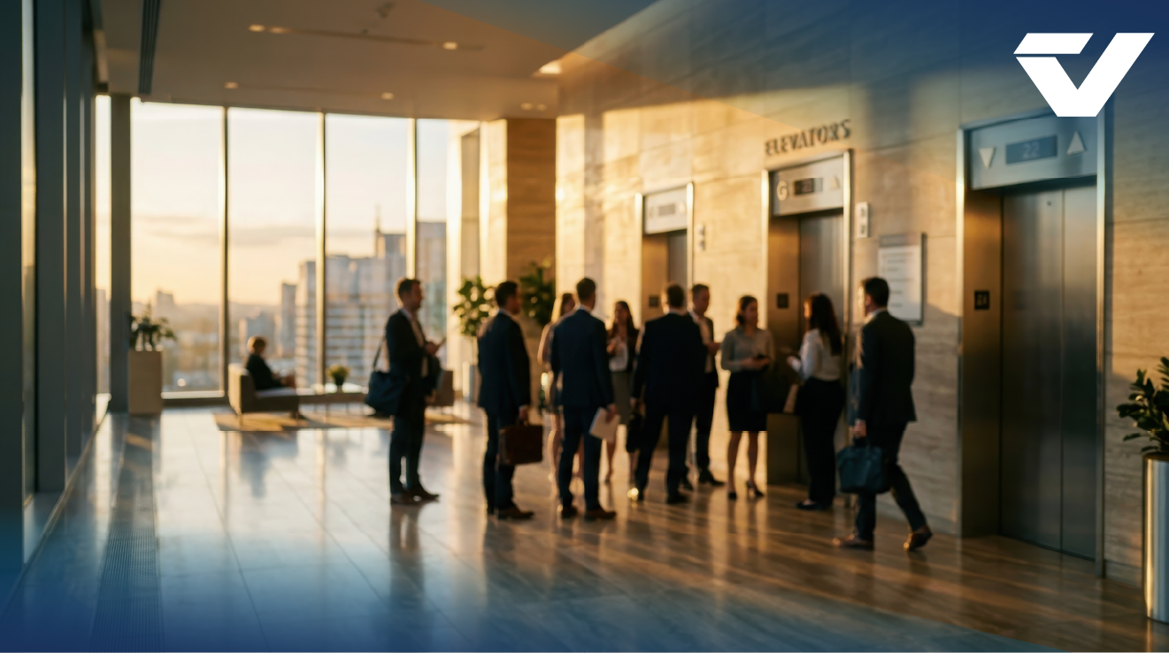 A group of business people standing in the elevator lobby of a tall building.
