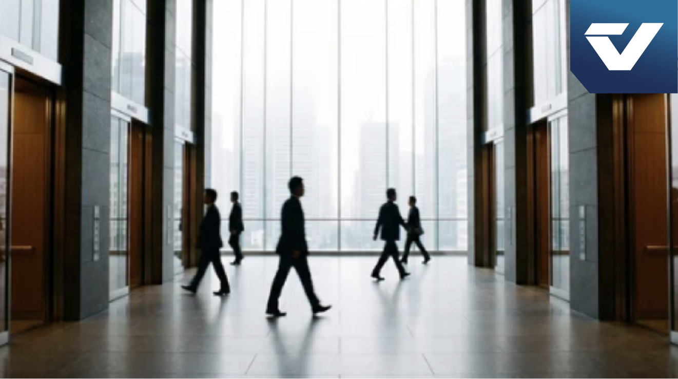 People in a tall building sky lobby are transferring to another bank of elevators to go to higher floors.
